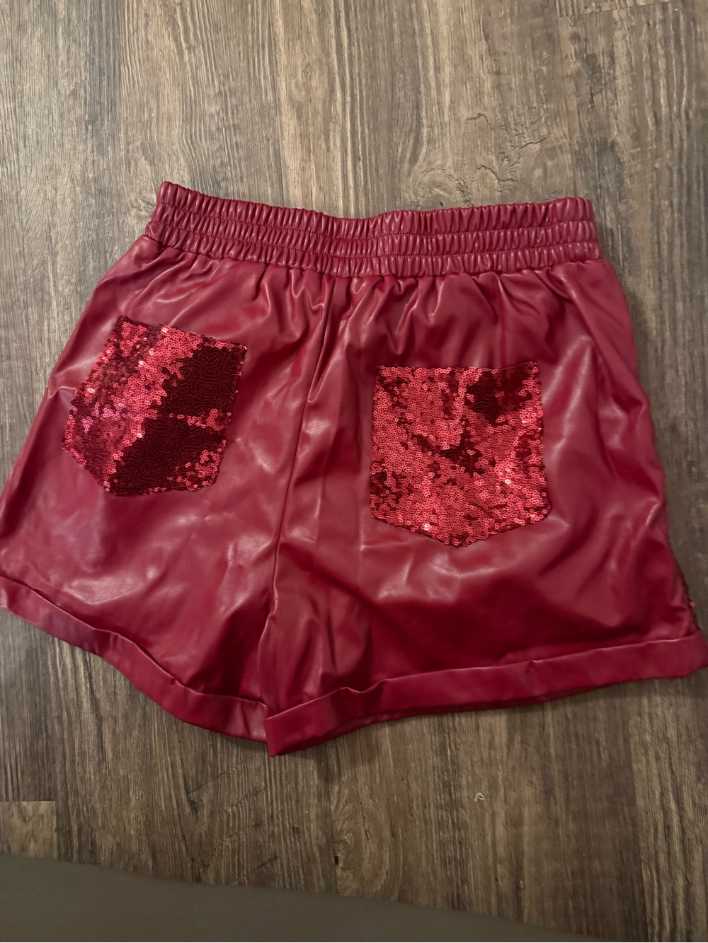 entro Red Faux Leather High-Waist Shorts with Sequin Back Pockets